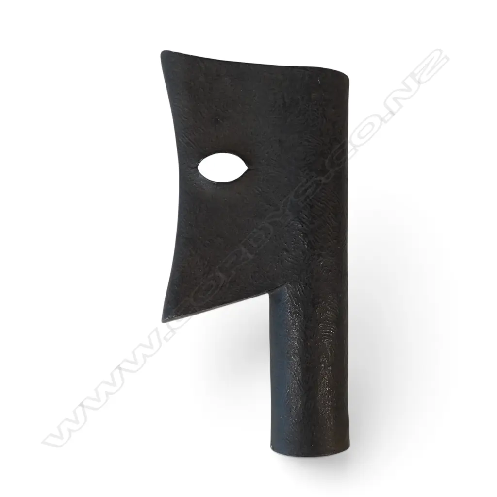 20thC  Japanese iron(?) wall vase in form of an axe head with human features, Image 1++