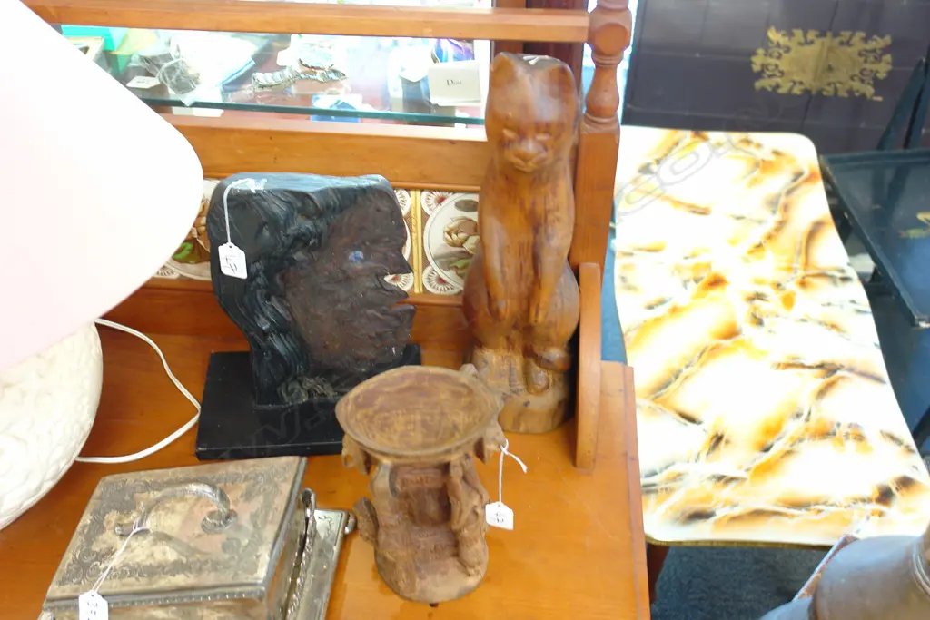 3 WOOD CARVED ITEMS - CAT,FACE,TRIBAL Image 1++