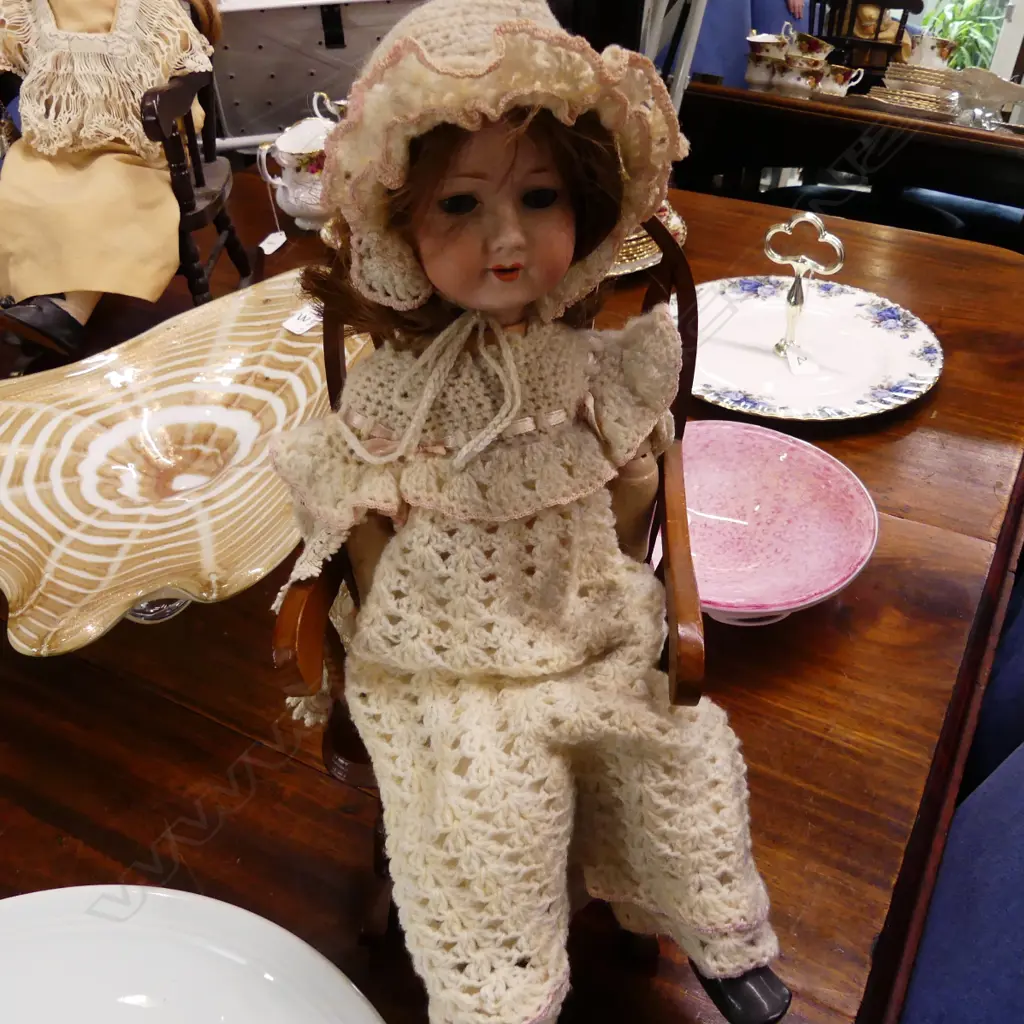ANTIQUE CHINA DOLL IN CHAIR Image 1++