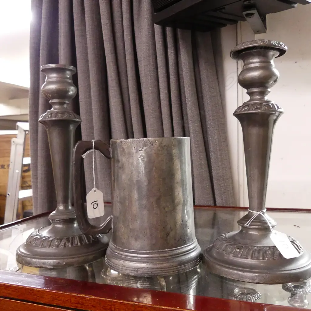 PEWTER TANKARD + 2 CANDLE STICKS Image 1++