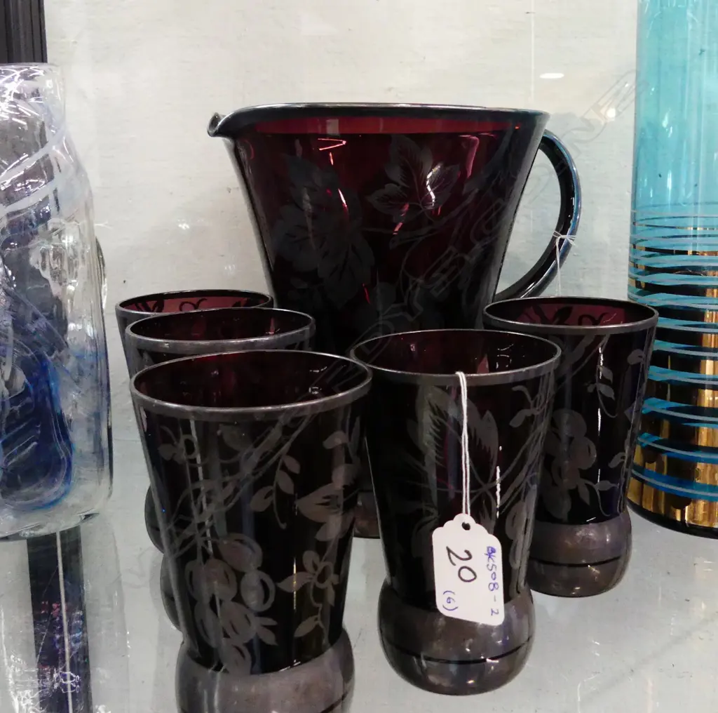 SILVER OVERLAY GLASS JUG & 5 GLASSES Image 1++