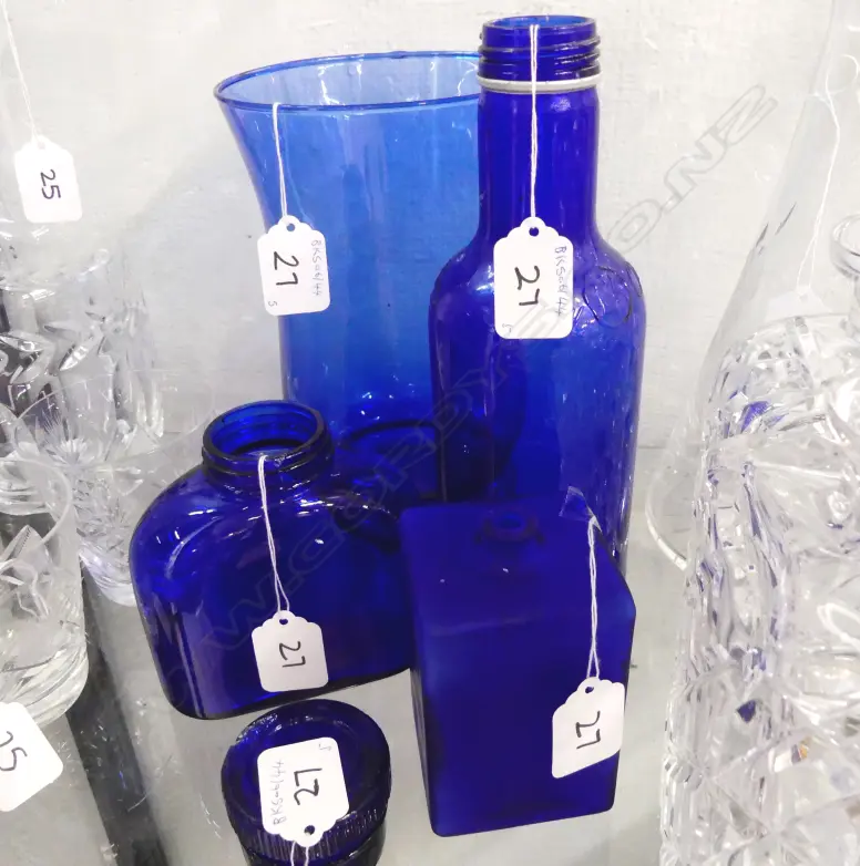 5 BLUE GLASS VASES/BOTTLES Image 1++