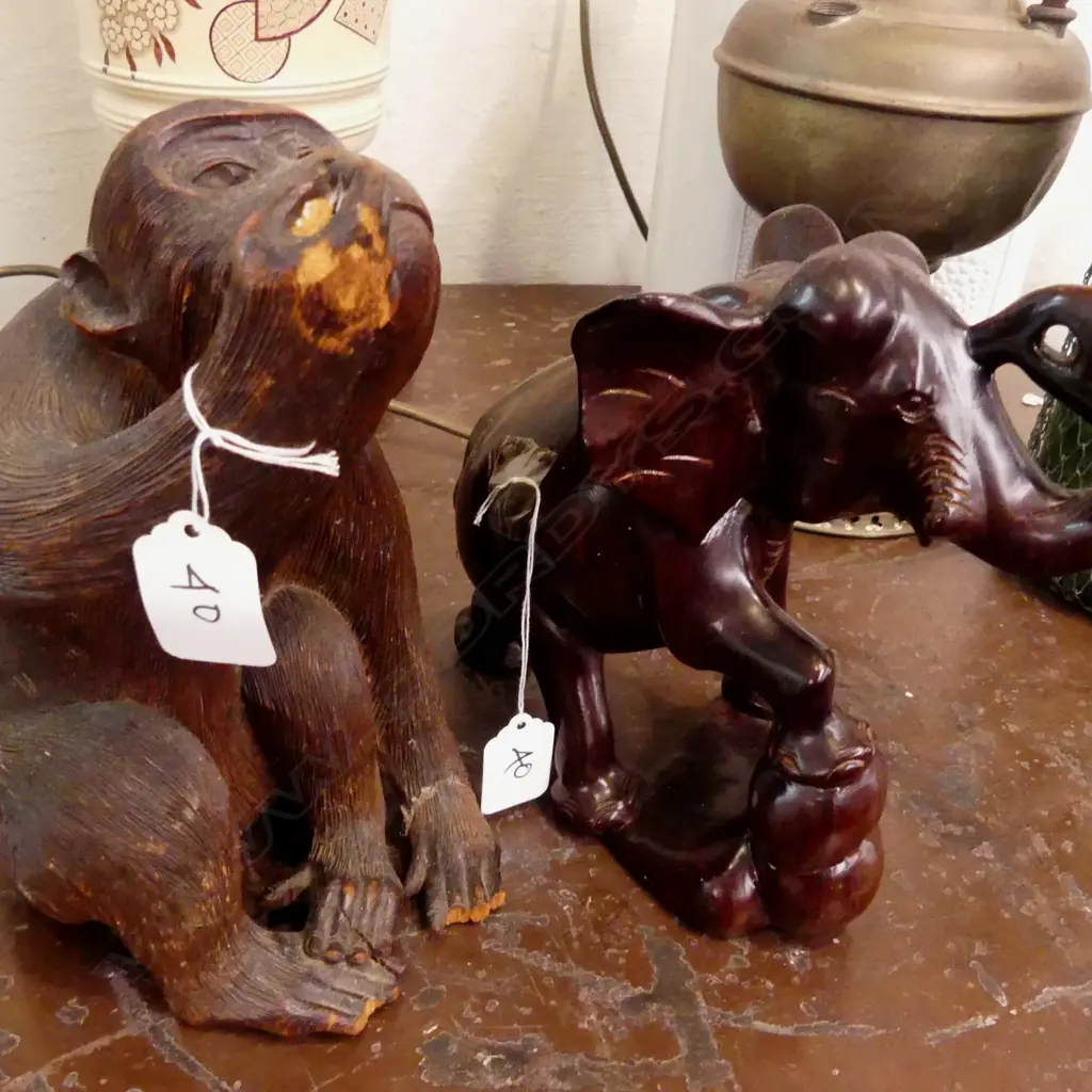 CARVED WOODEN MONKEY +ELEPHANT Image 1++