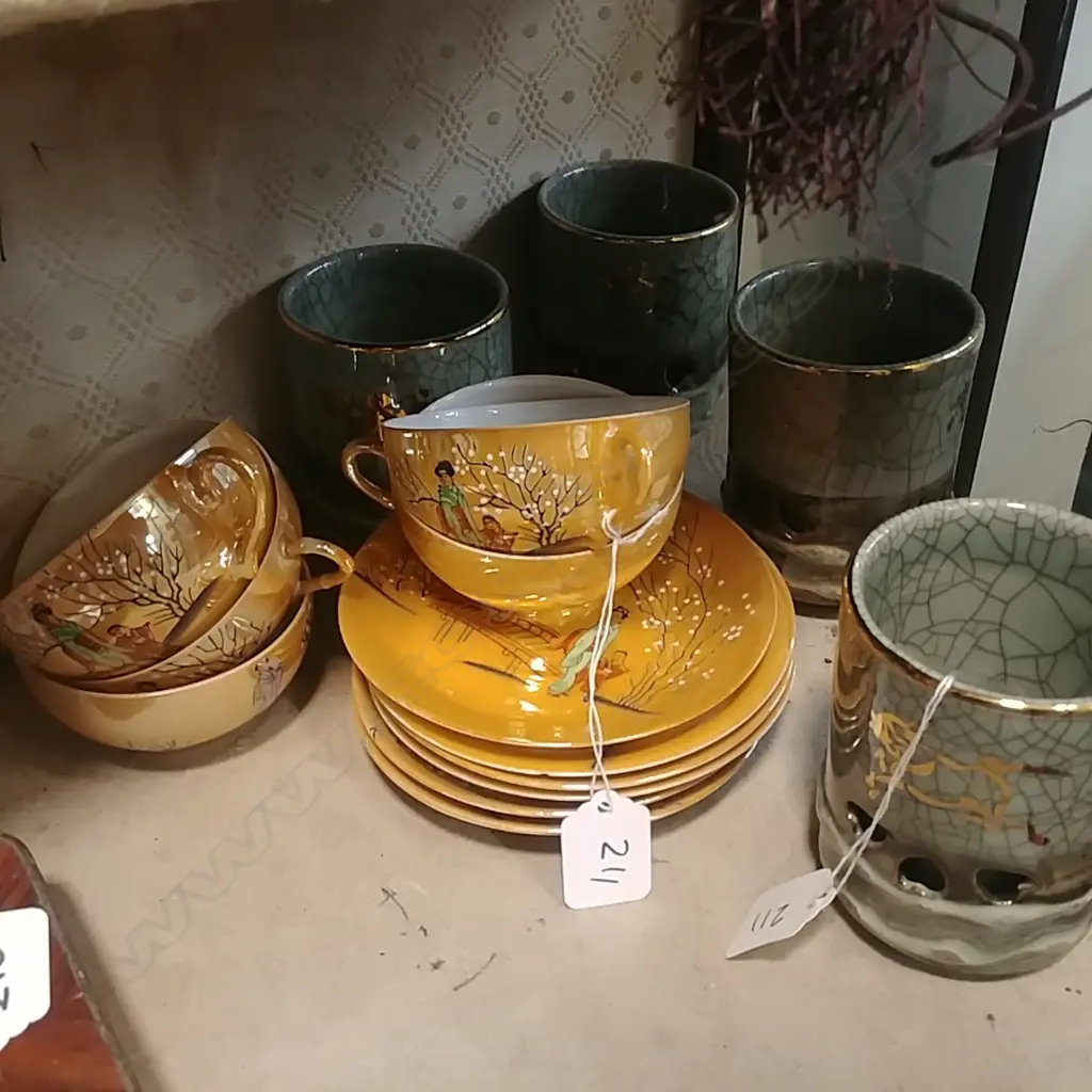 4 GREEN CHINESE TEA CUPS + 5 ORIENTAL C/S Image 1++