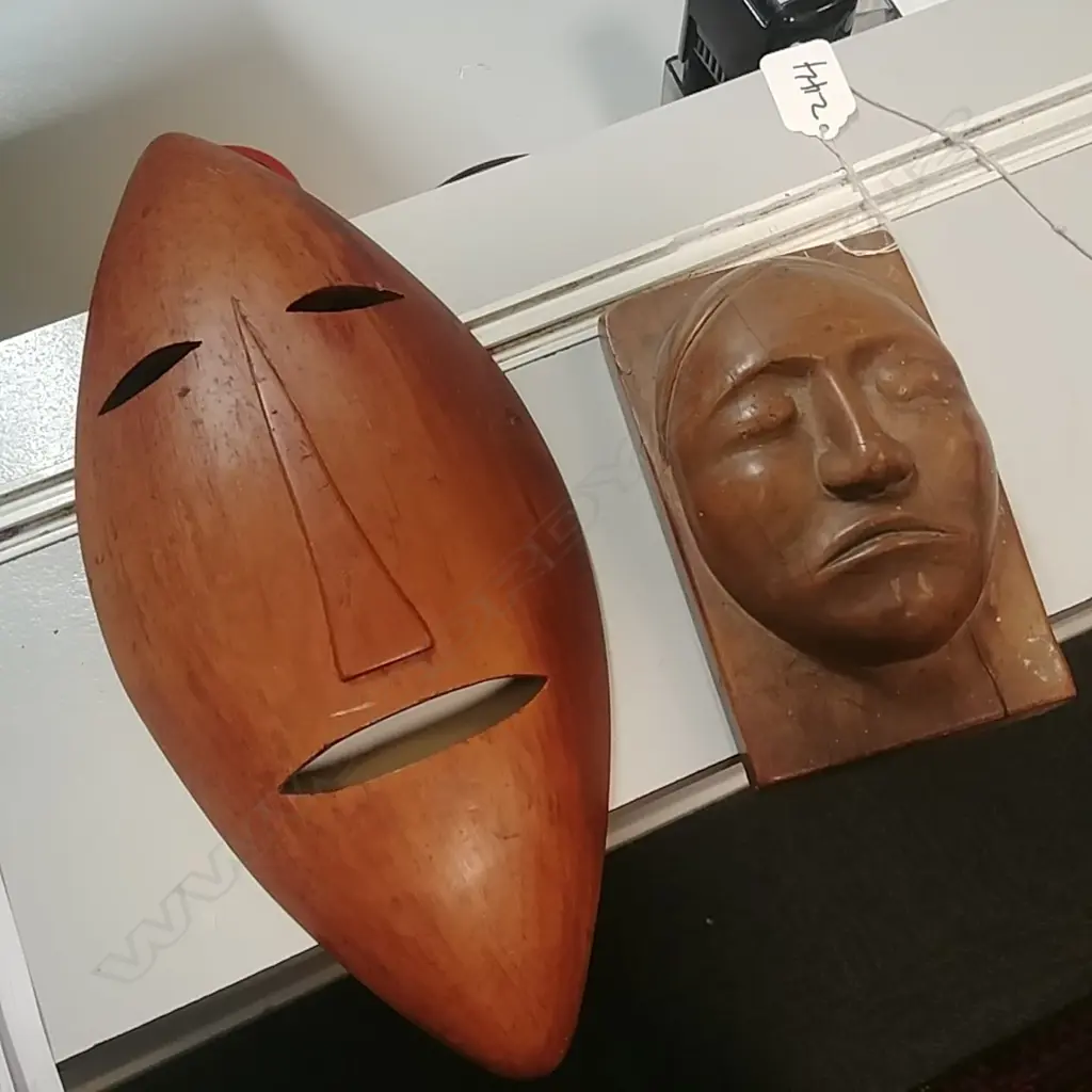 TWO CARVED WOODEN MASK ORNAMENTS  Image 1++