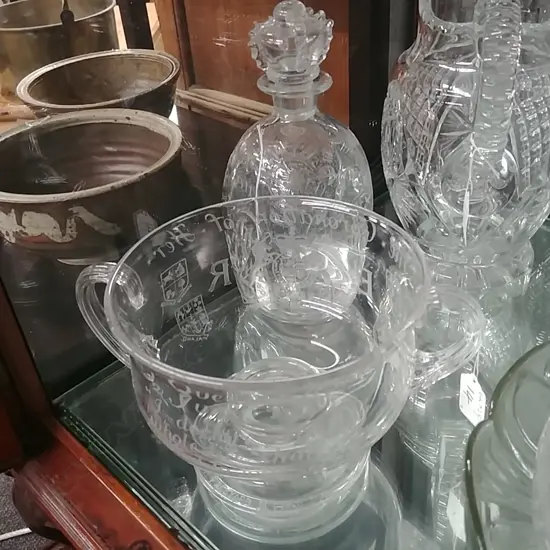 CORONATION ETCHED CRYSTAL; DECANTER AND BOWL