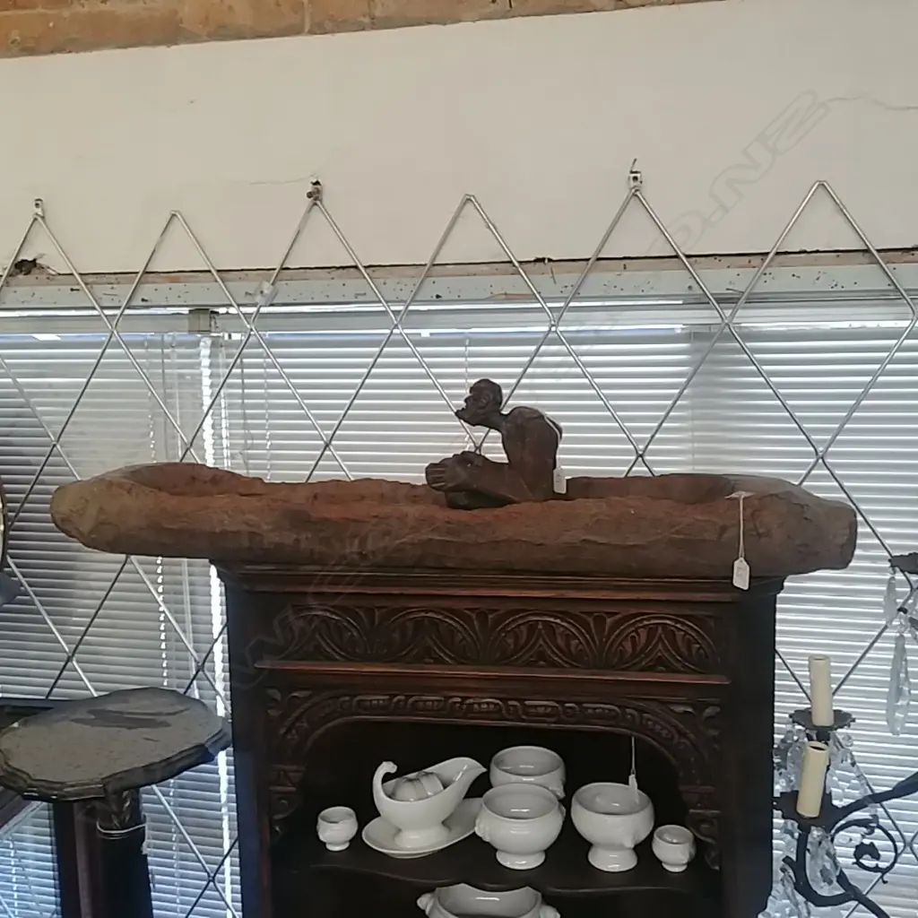 LONG CAVED WOODEN TROUGH + WOOD CARVED FIG Image 1++