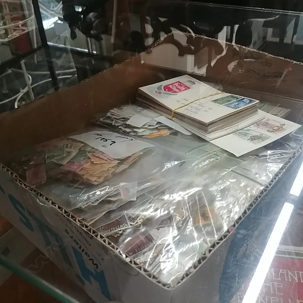BOX OF  ASSORTED STAMPS & FIRST DAY COVERS Image 1++