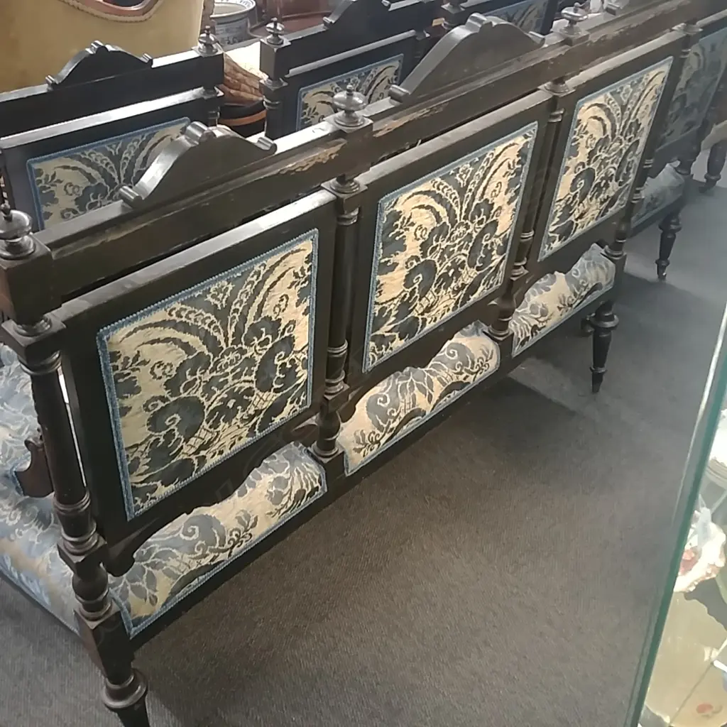 EDWARDIAN EBONISED MOP & BRASS INLAY PARLOUR SUITE INC. SETTEE & 4 CHAIRS Image 1++