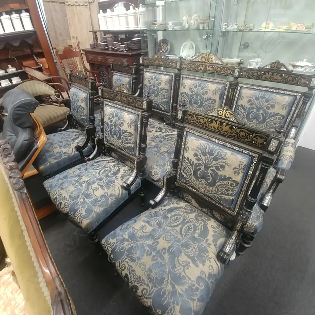 EDWARDIAN EBONISED MOP & BRASS INLAY PARLOUR SUITE INC. SETTEE & 4 CHAIRS Image 1++