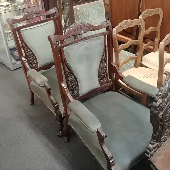 PR UPHOLSTERED GREEN EDWARDIAN ARMCHAIRS