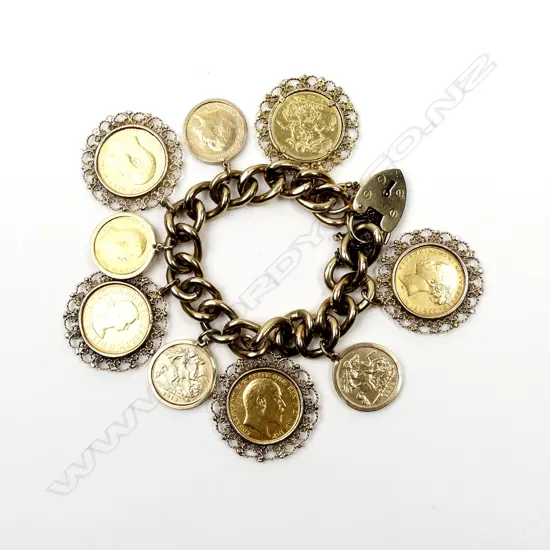 A 9ct gold curb link bracelet mounted with five gold full sovereigns and four gold half sovereigns