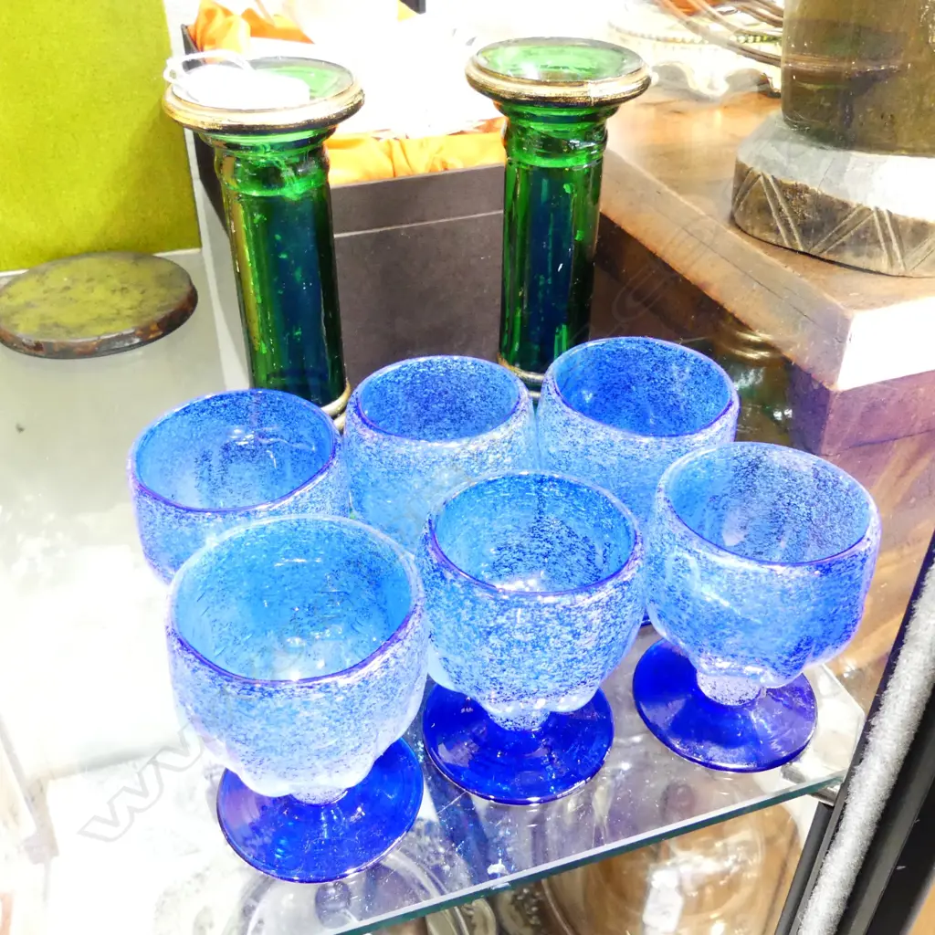 6 BLUE GLASS GOBLETS & PR GLASS CANDLESTICKS Image 1++