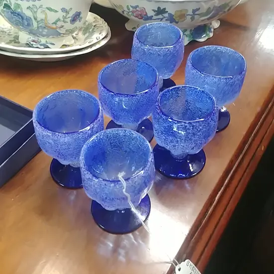 6 BLUE GLASS GOBLETS & PR GLASS CANDLESTICKS