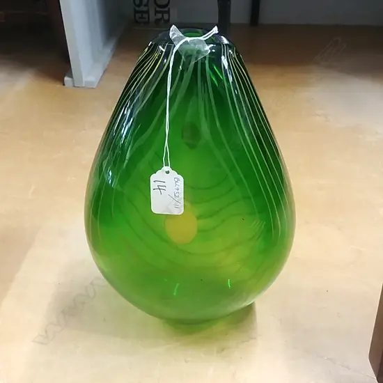 GREEN ART GLASS VASE YELLOW HIGHLIGHTS