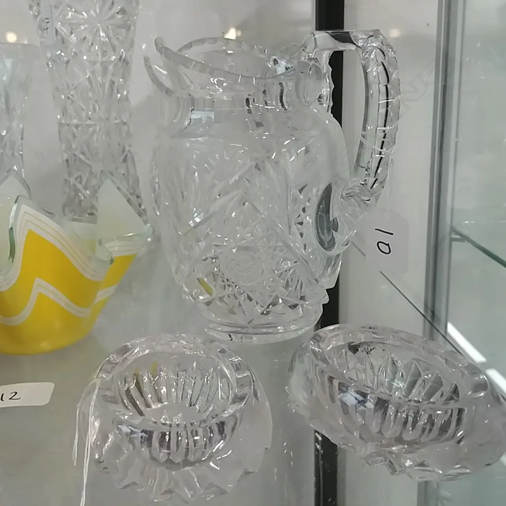 ANTIQUE CRYSTAL JUG & PR SALTS Image 1++