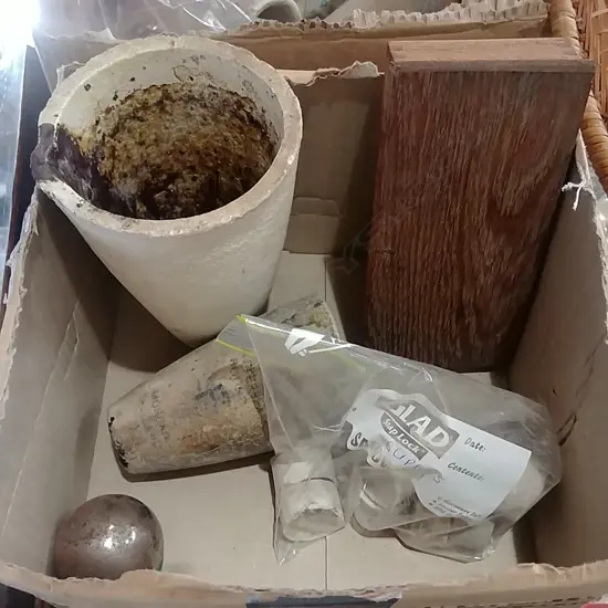 2 ANTIQUE GOLD CRUCIBLES, 10 CUPELS, SCALES & IRON ORE CRUSHING BALL