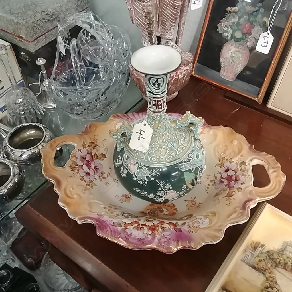 C1890 FLORAL DISH & JAPANESE VASE TUBE LINED Image 1++
