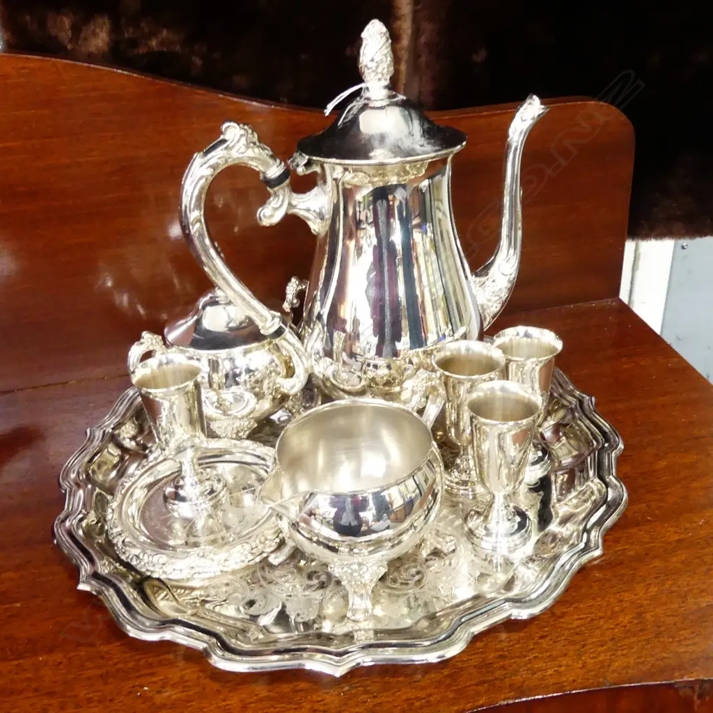 SILVER PLATE TEA SET COASTERS, LIQUEUR GLASSES Image 1++