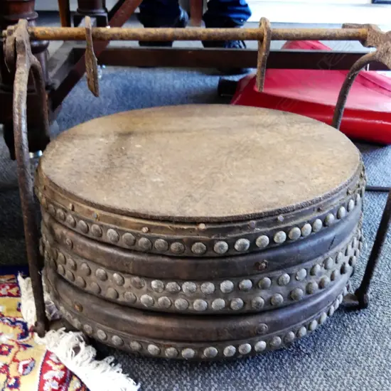 ANTIQUE BLACKSMITH BELLOWS. EARLY ROUND SHAPE