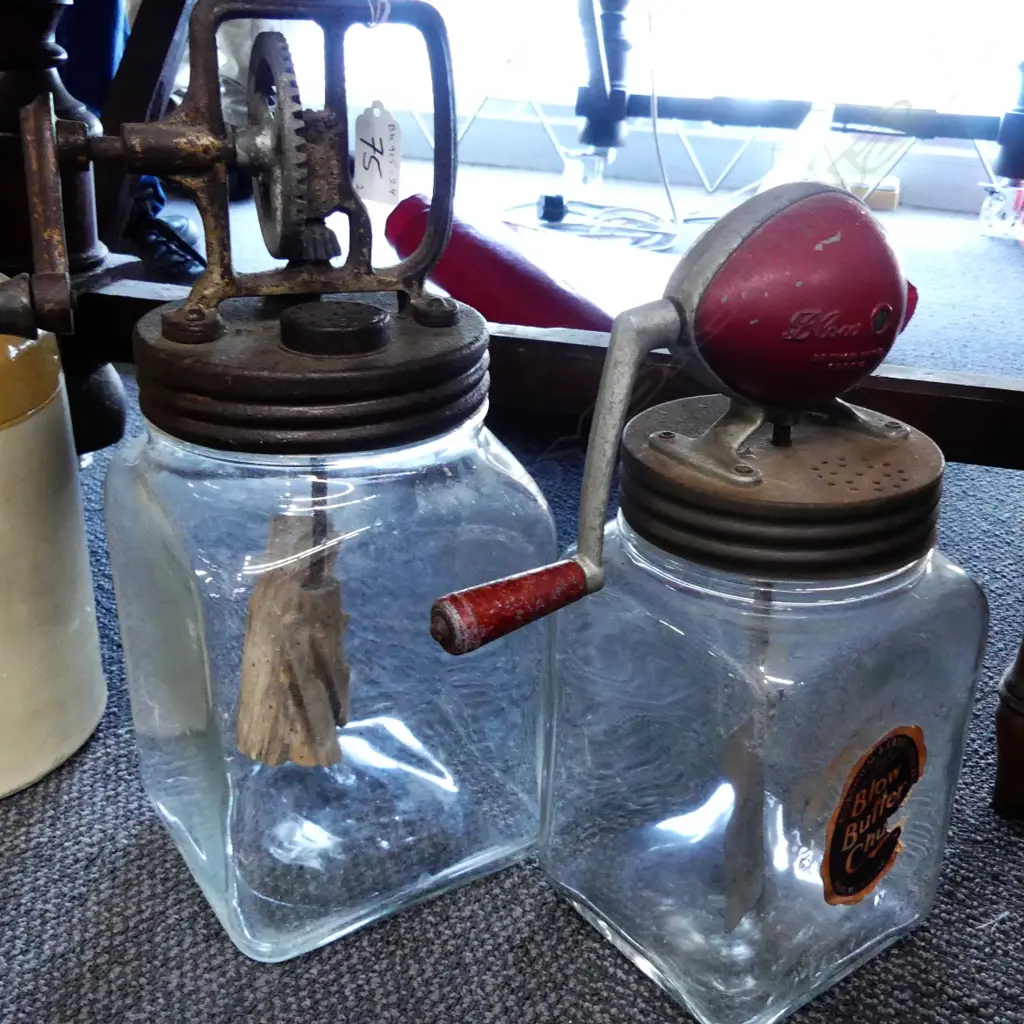 2 GLASS BUTTER CHURNS, MADE IN ENGLAND. BLOW MODELS 3/30 AND 2/20. 3 & 2 IMPERIAL QUARTS Image 1++