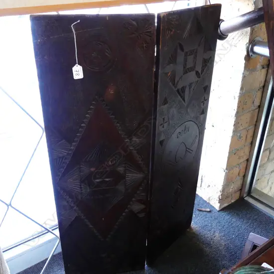 CARVED KAURI SCREEN OF 2 PANELS. INSCRIPTION HOME 1903. 930MM X 300M