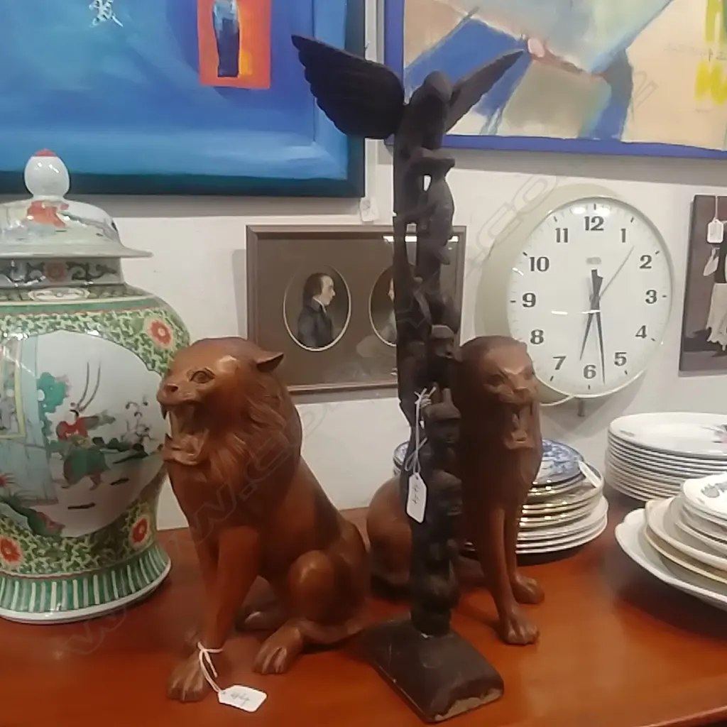 2 WOOD CARVED LIONS + TALL CARVED FIGURE STACK Image 1++