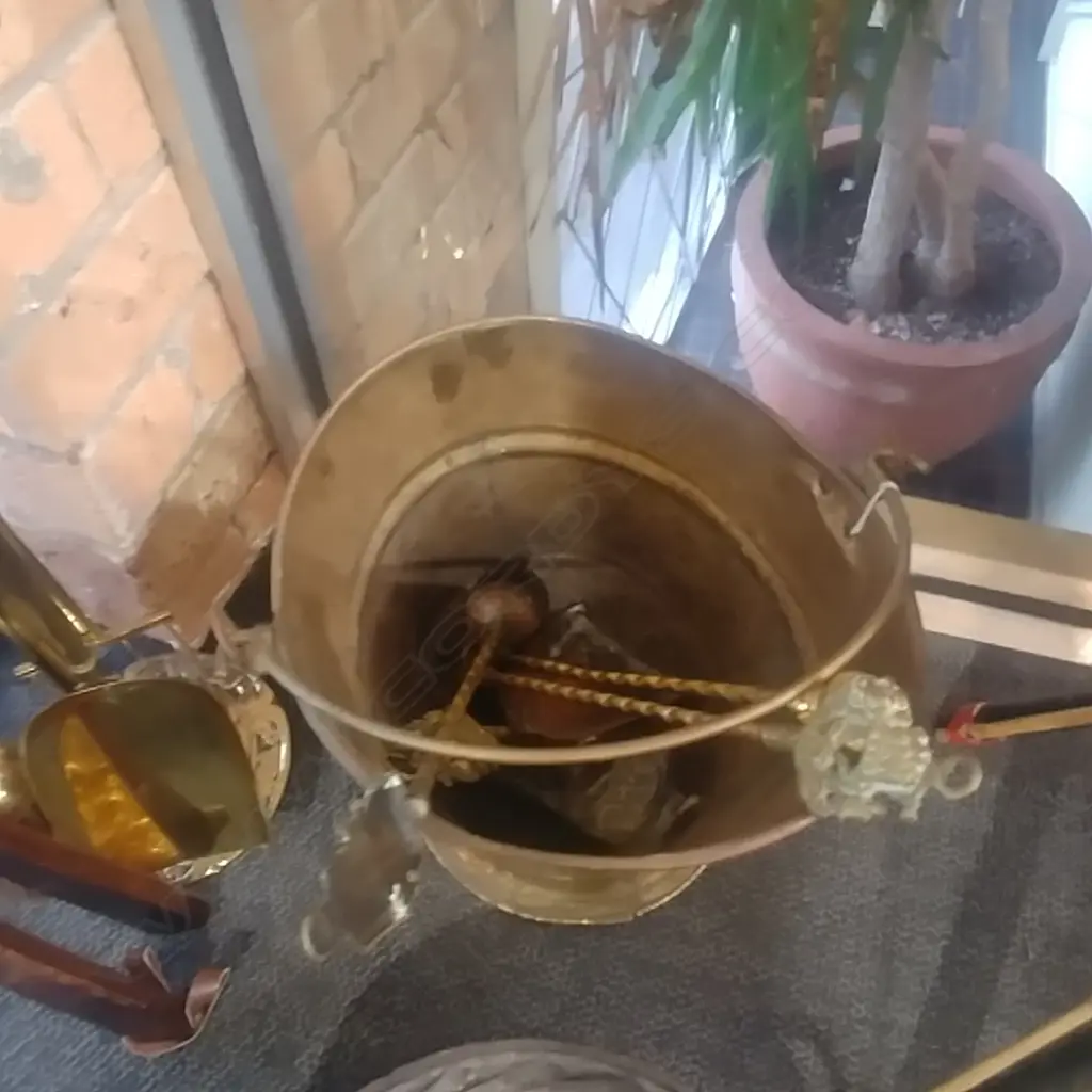 BRASS COAL SCUTTLE & FIRE TOOLS Image 1++