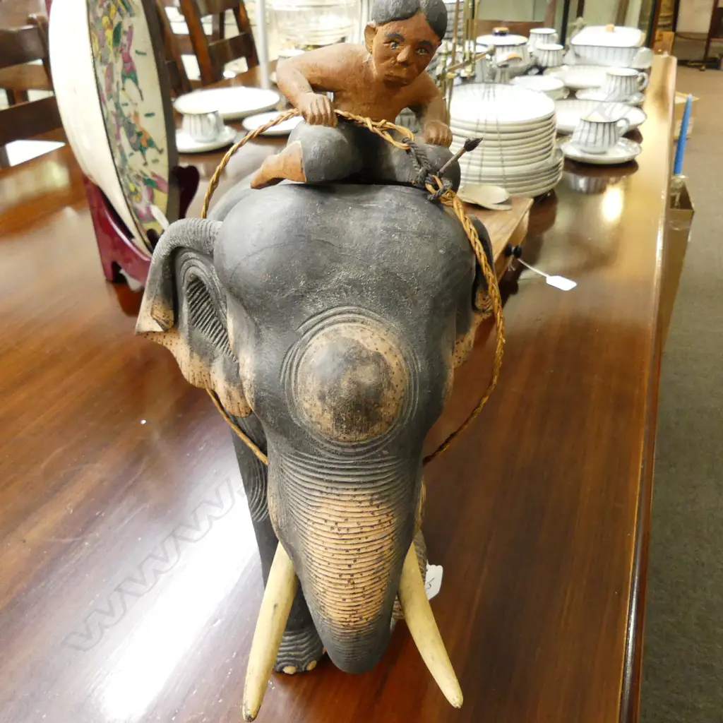 IMPRESSIVE CARVED WOODEN ELEPHANT & RIDER (AF) Image 1++