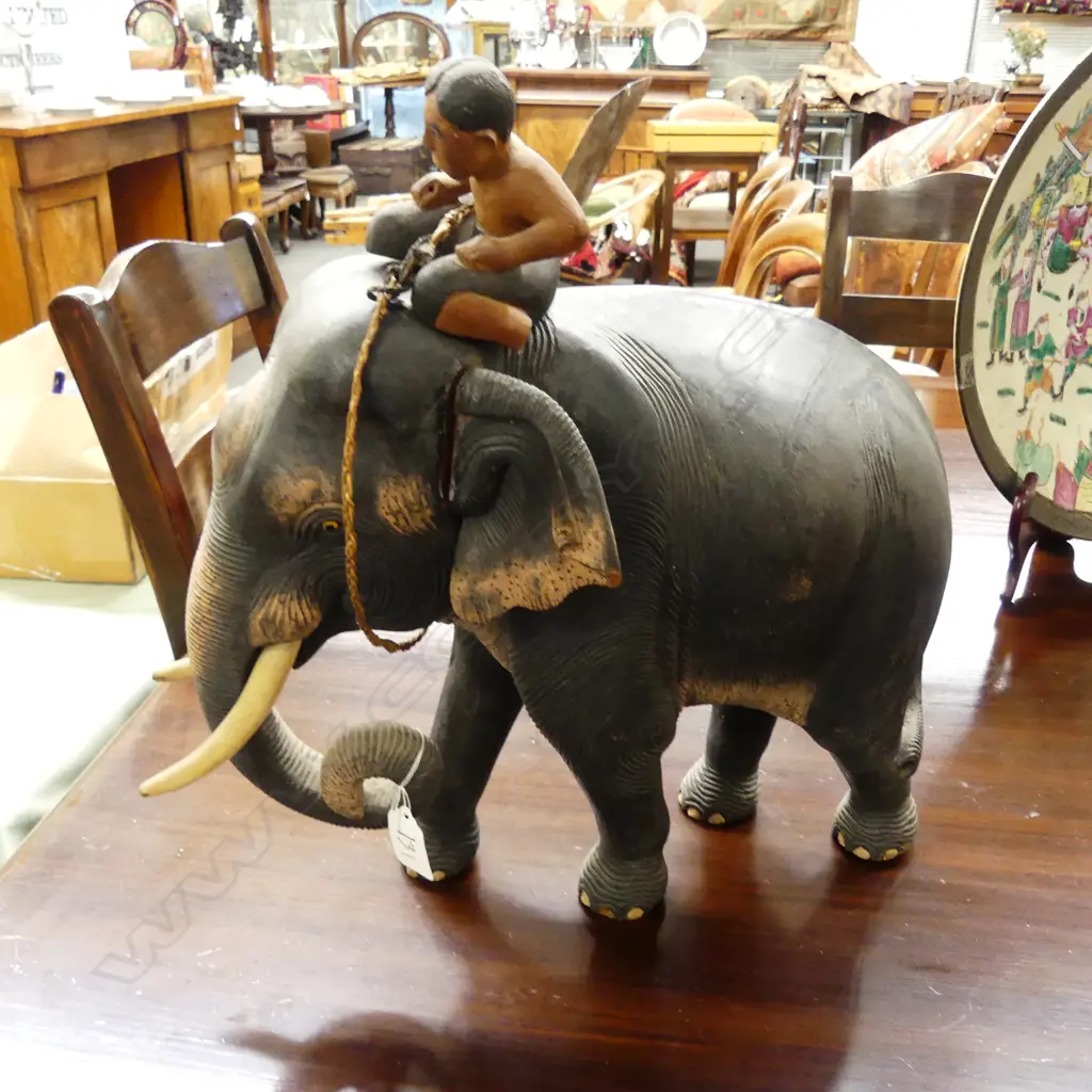 IMPRESSIVE CARVED WOODEN ELEPHANT & RIDER (AF) Image 1++