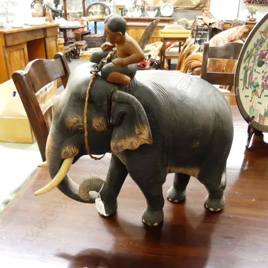 IMPRESSIVE CARVED WOODEN ELEPHANT & RIDER (AF)