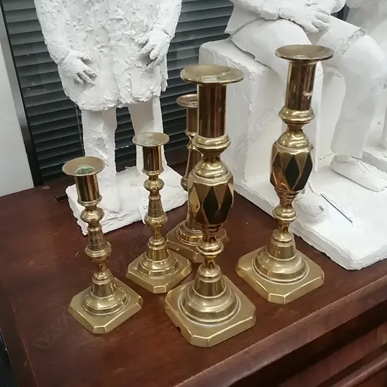 5 19THC BRASS CANDLESTICKS