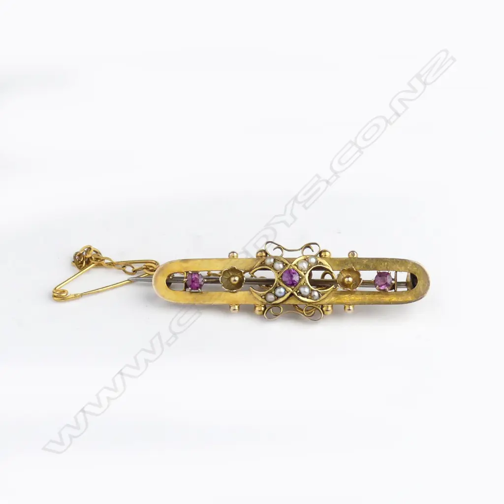 ANTIQUE 9CT GOLD TOURMALINE & SEED PEARL BROOCH Image 1++