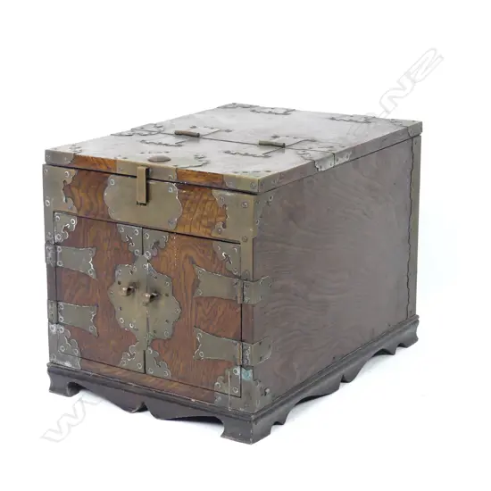 A Japanese small brass bound and wood jewellery/vanity box