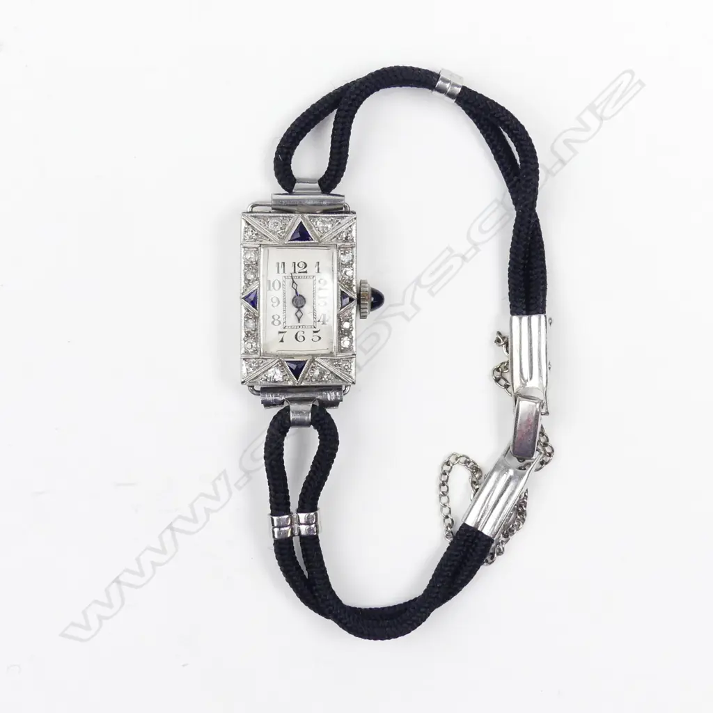 A lady’s 14ct white gold diamond and sapphire Art Deco cocktail watch Image 1++