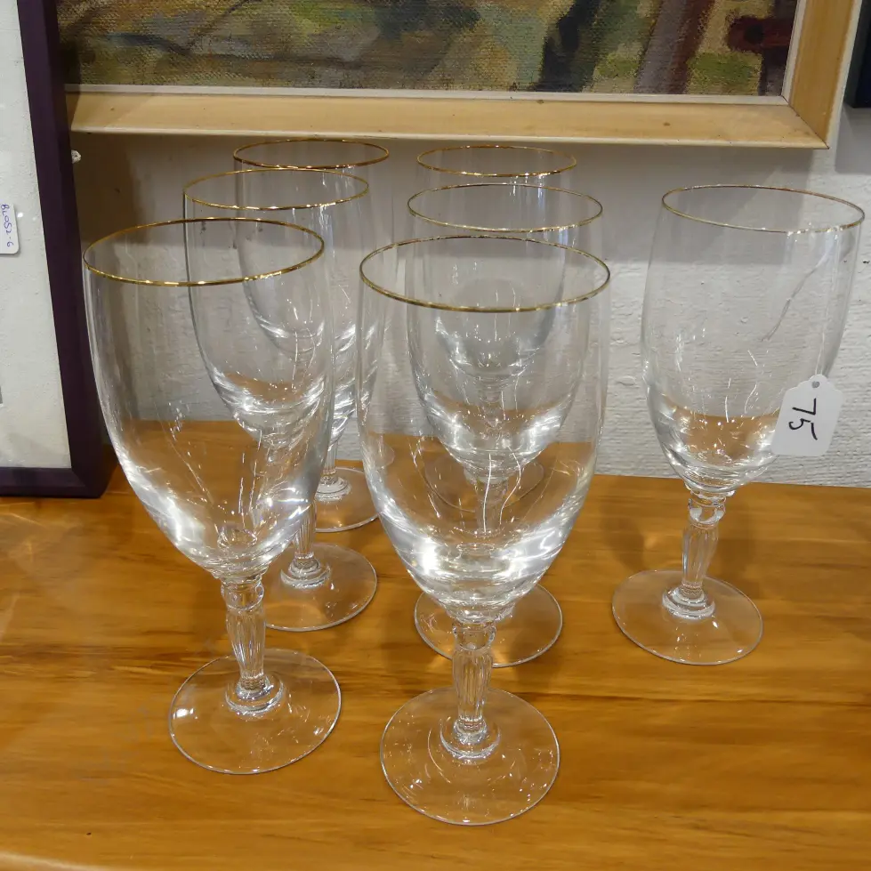 7 W/FORD CRYSTAL WINE GLASSES LGE. GLD RIM Image 1++