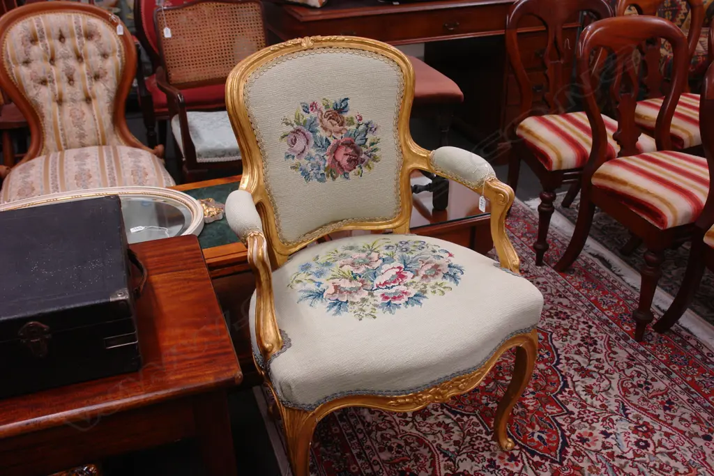 GILT FRAMED TAPESTRY OPEN ELBOW CHAIR Image 1++