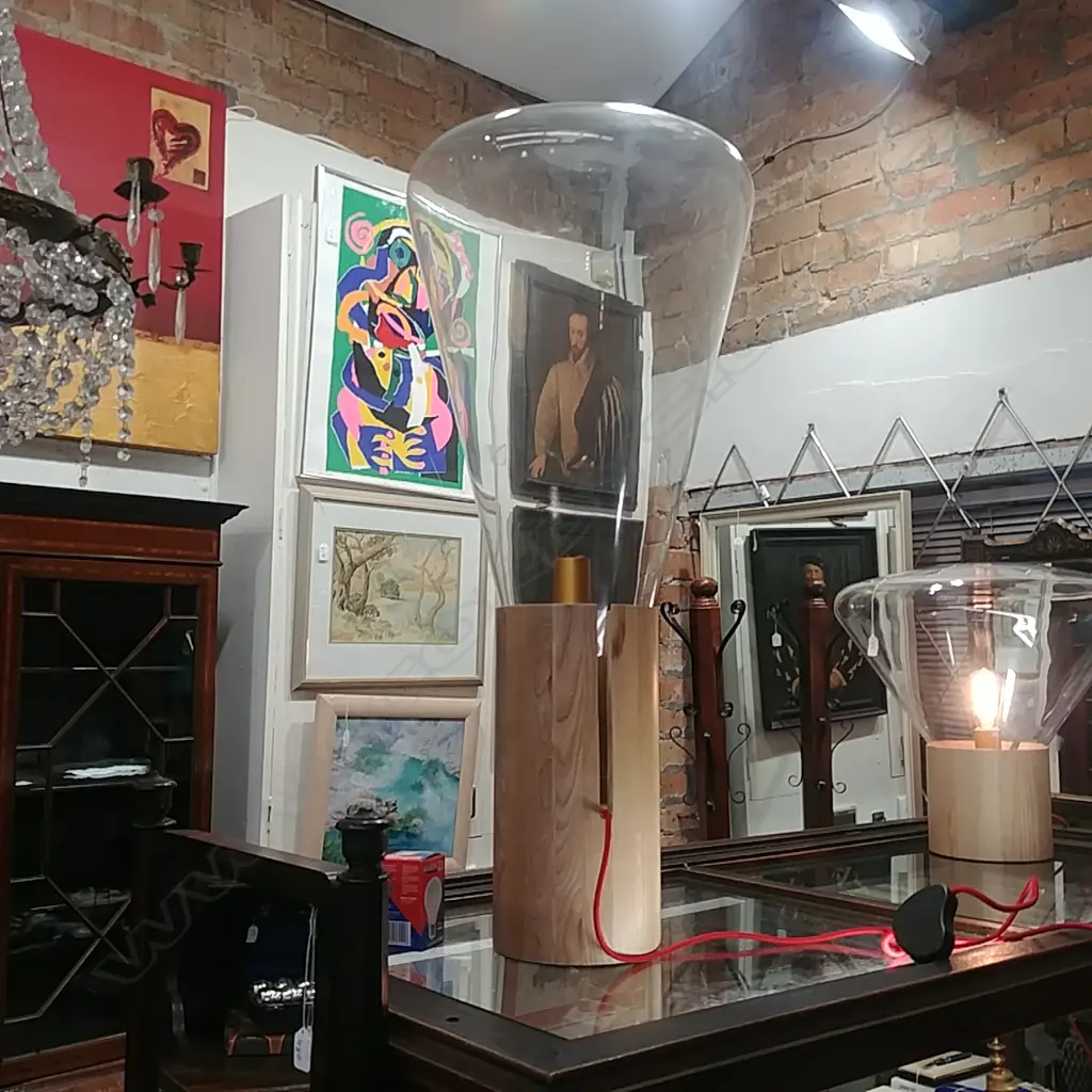 LARGE GLASS LAMP - WOOD BASE Image 1++