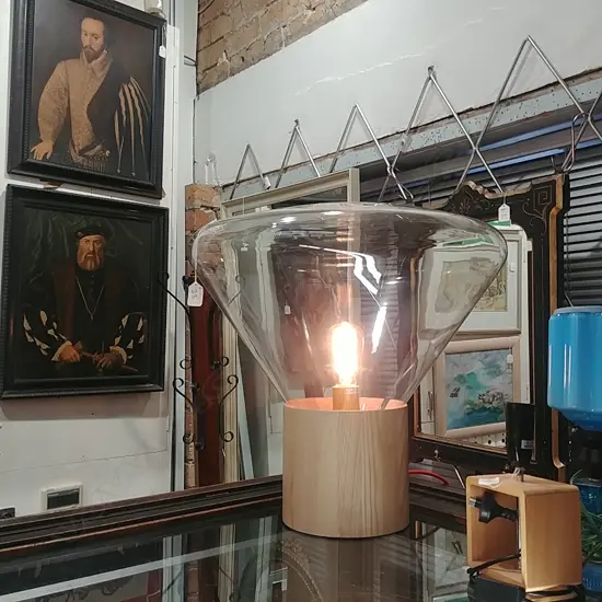 LARGE GLASS LAMP - WOOD BASE