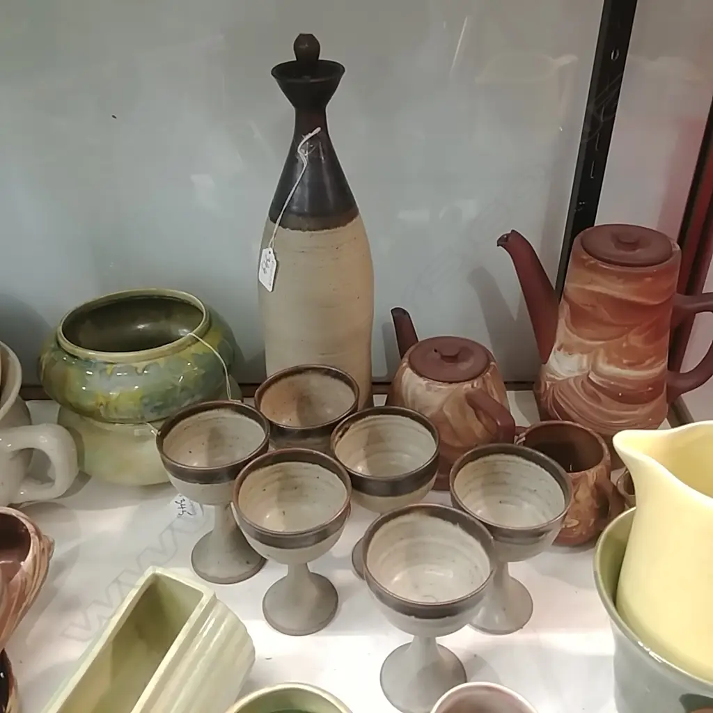 P LANGE POTTERY WINE DECANTER +6 GOBLETS Image 1++