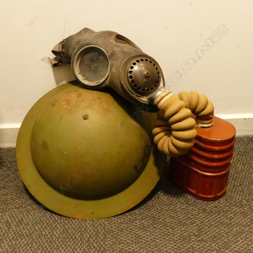 WWI CARBON GAS MASK & WWII HELMET Image 1++