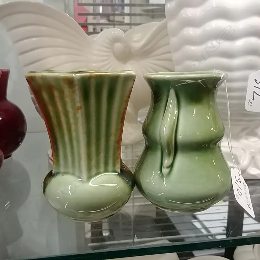 2 GREEN GLAZED CROWN LYNN VASES EX SLATER COLL. Image 1++