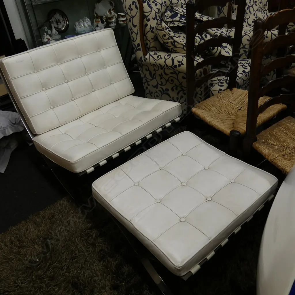 WHITE BARCELONA STYLE CHAIR W/ OTTOMAN Image 1++