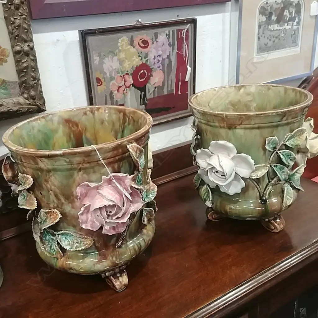 PAIR OF MAJOLICA FLORAL URNS Image 1++