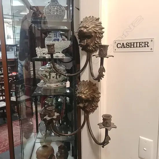 PR OF LION MASK CANDLE SCONCES