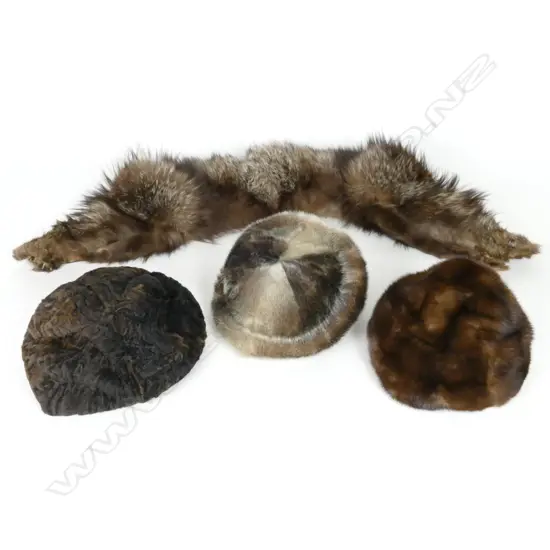 Three fur hats and a silver fox collar