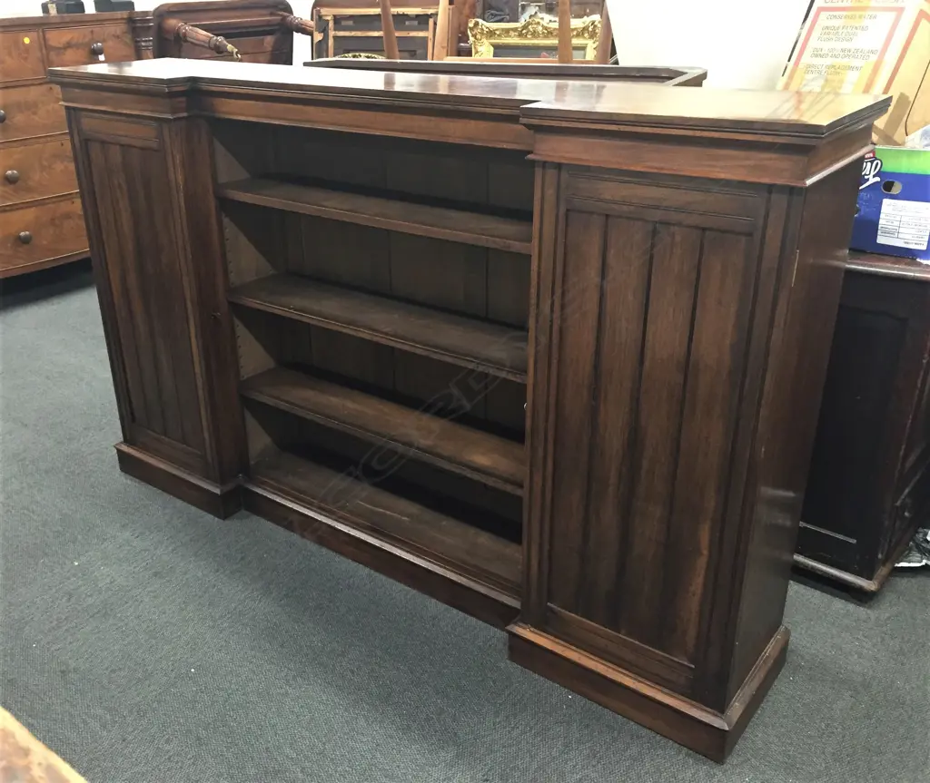 A late Victorian walnut breakfront bookcase cabinet Image 1++
