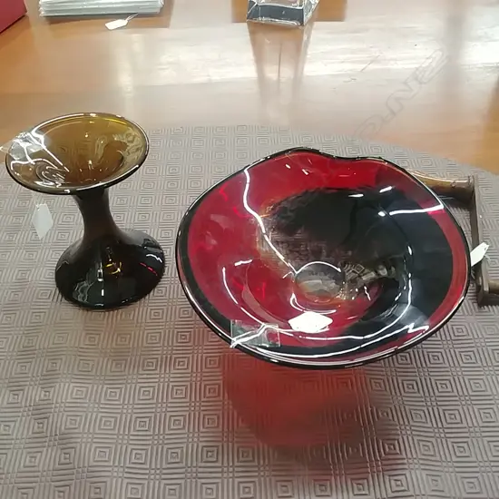 ART GLASS BOWL SIGNED  &  GLASS VASE