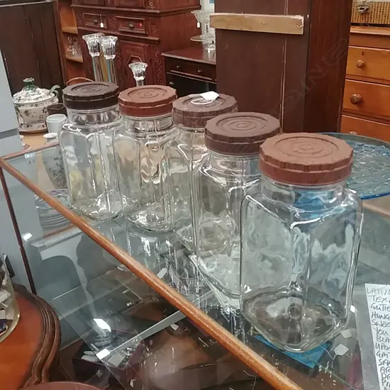 5 KITCHEN JARS WITH BAKELITE LIDS