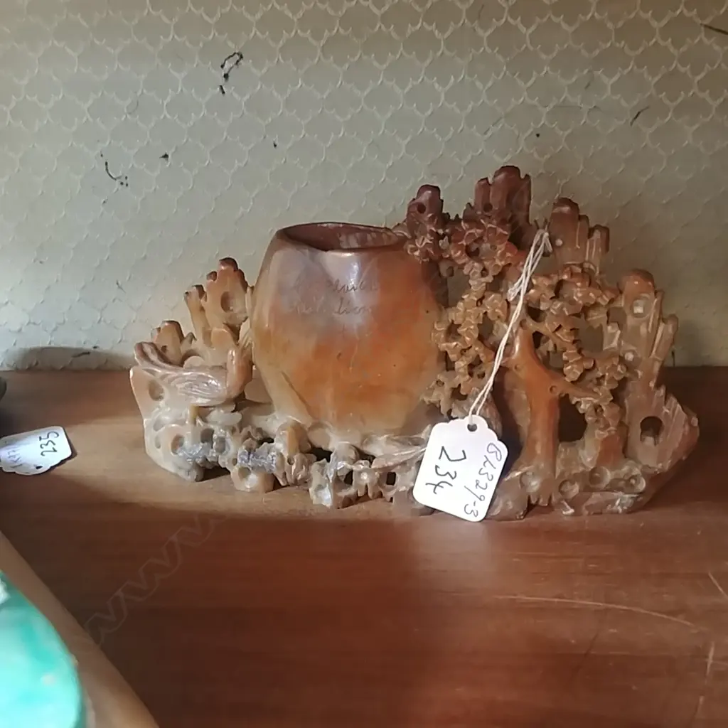 CHINESE SOAPSTONE CARVED VASE BIRDS BLOSSOM Image 1++